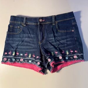 Jordache Dark Blue Denim Shorts with Pink Trim & Flamingo Embroidery